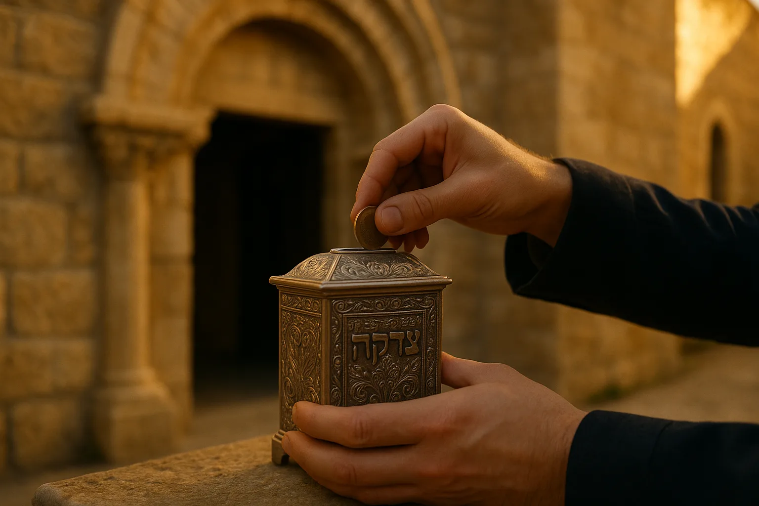 מתנות לאביונים - אדם נותן צדקה לעני ברחוב ליד בית כנסת
