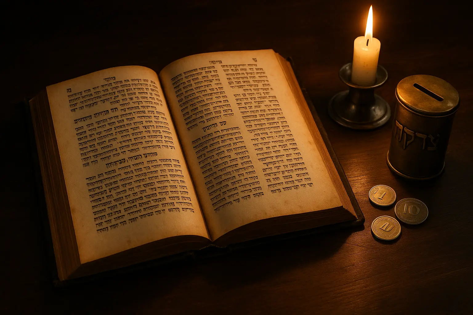 מתנות לאביונים הלכה - ספר שולחן ערוך פתוח ליד מטבעות ישראליות