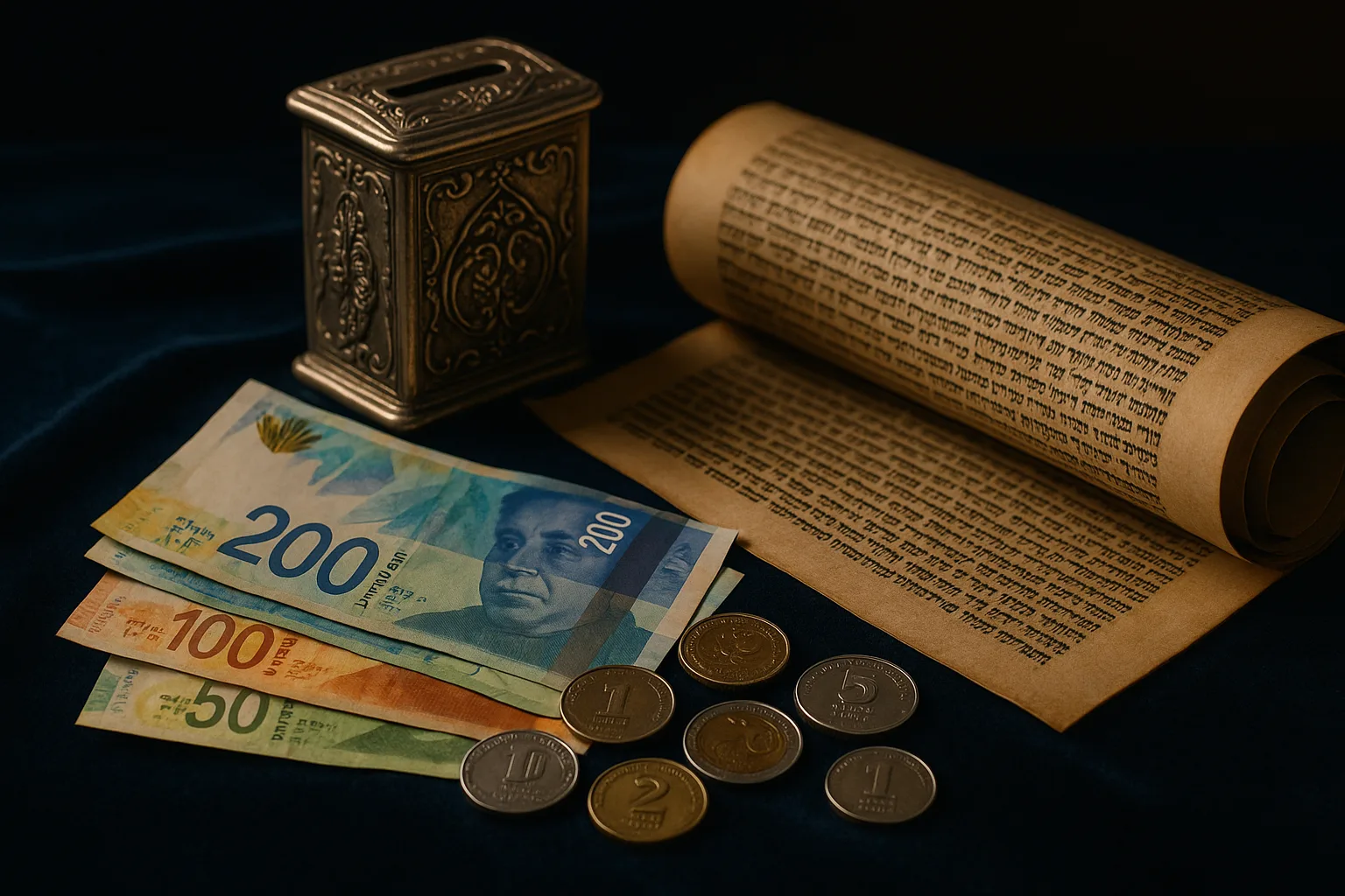 מתנות לאביונים - מטבעות ישראליות ליד מגילת אסתר וקופת צדקה