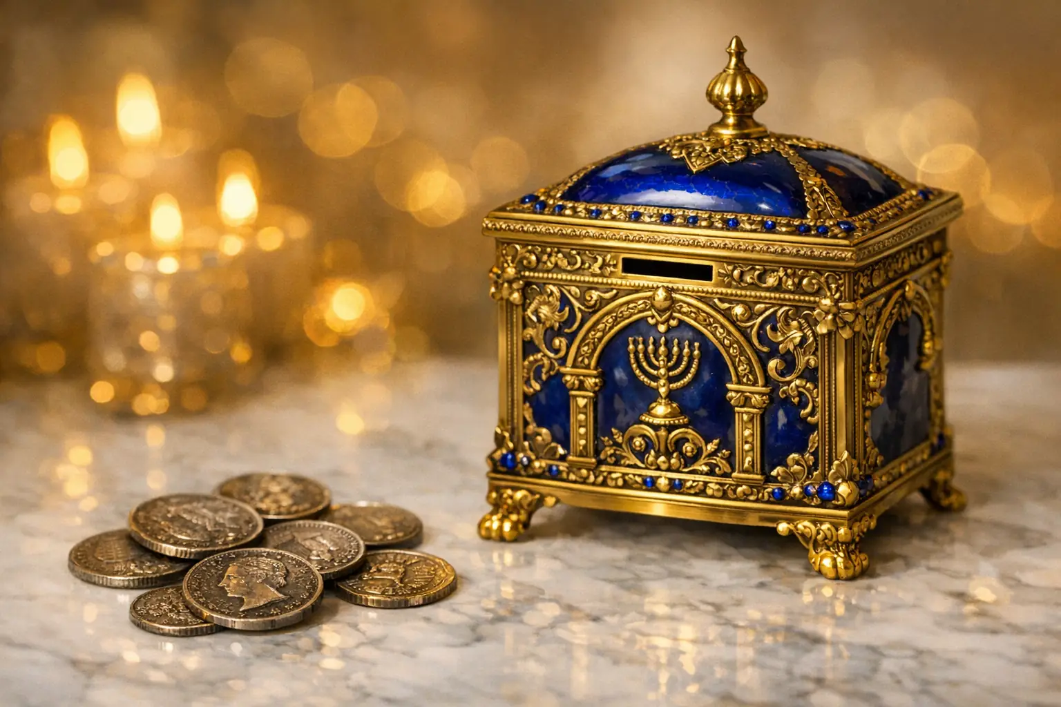 קופת צדקה מעוטרת בכחול וזהב עם מטבעות כסף עתיקות - תרומת זכר למחצית השקל