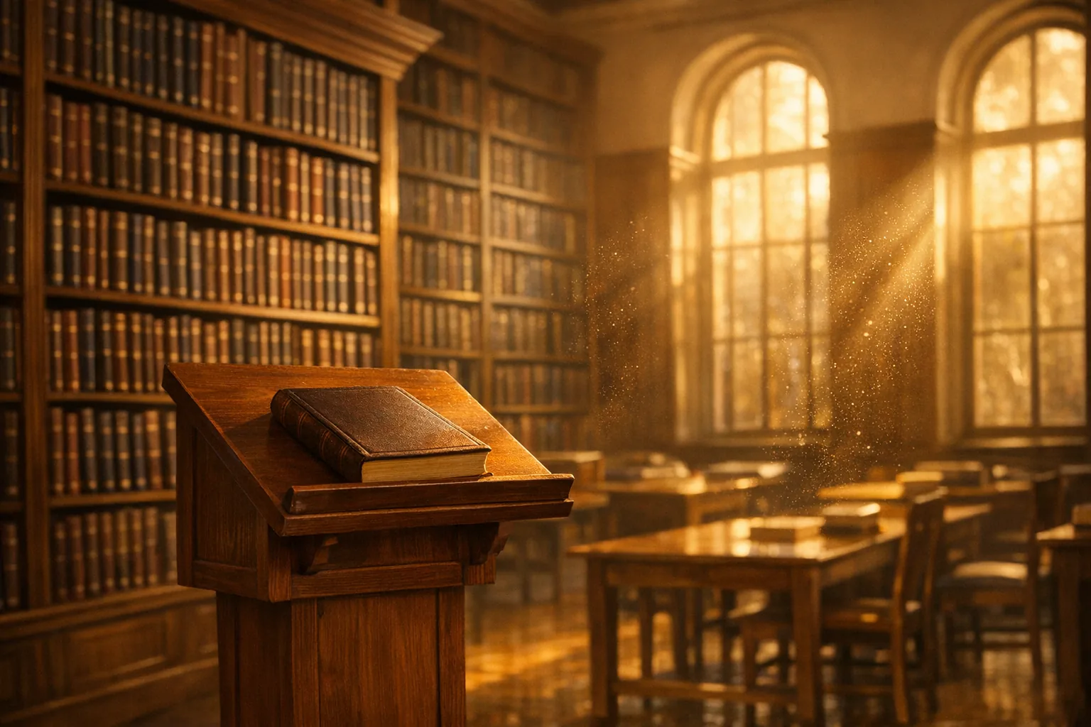 בית מדרש עתיק מואר באור שמש חמים עם ארונות ספרים מלאים ושטנדר בחזית