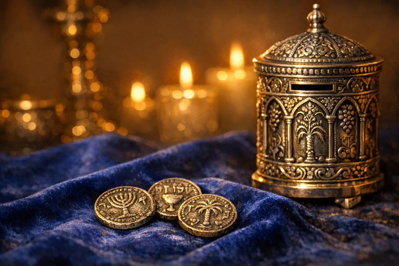 זכר למחצית השקל - שלוש מטבעות כסף עתיקות על בד קטיפה כחול ליד קופת צדקה מכסף