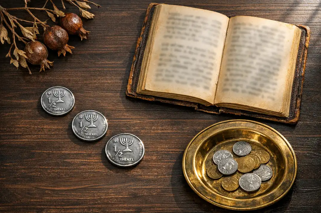 מטבעות חצי שקל מסודרות ליד ספר קודש פתוח וצלחת אוסף נחושת - הלכות מחצית השקל