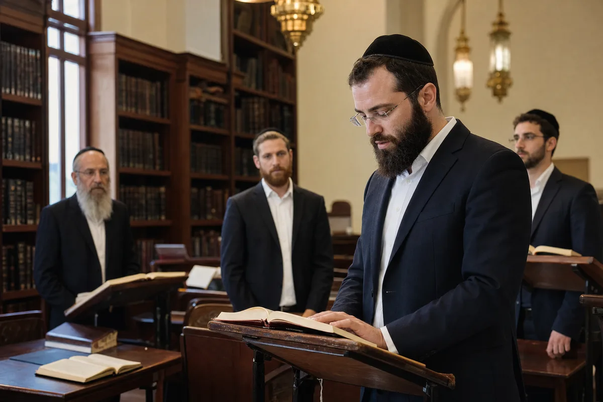 An avreich standing at a wooden shtender saying the Mourner's Kaddish in a beis midrash
