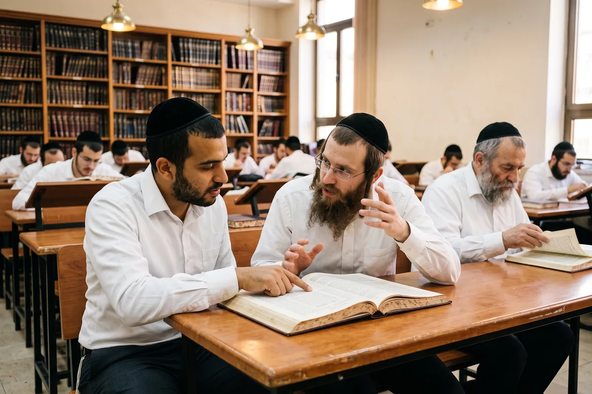 Avreichim learning gemara in a kollel where Kaddish is said every day for the departed