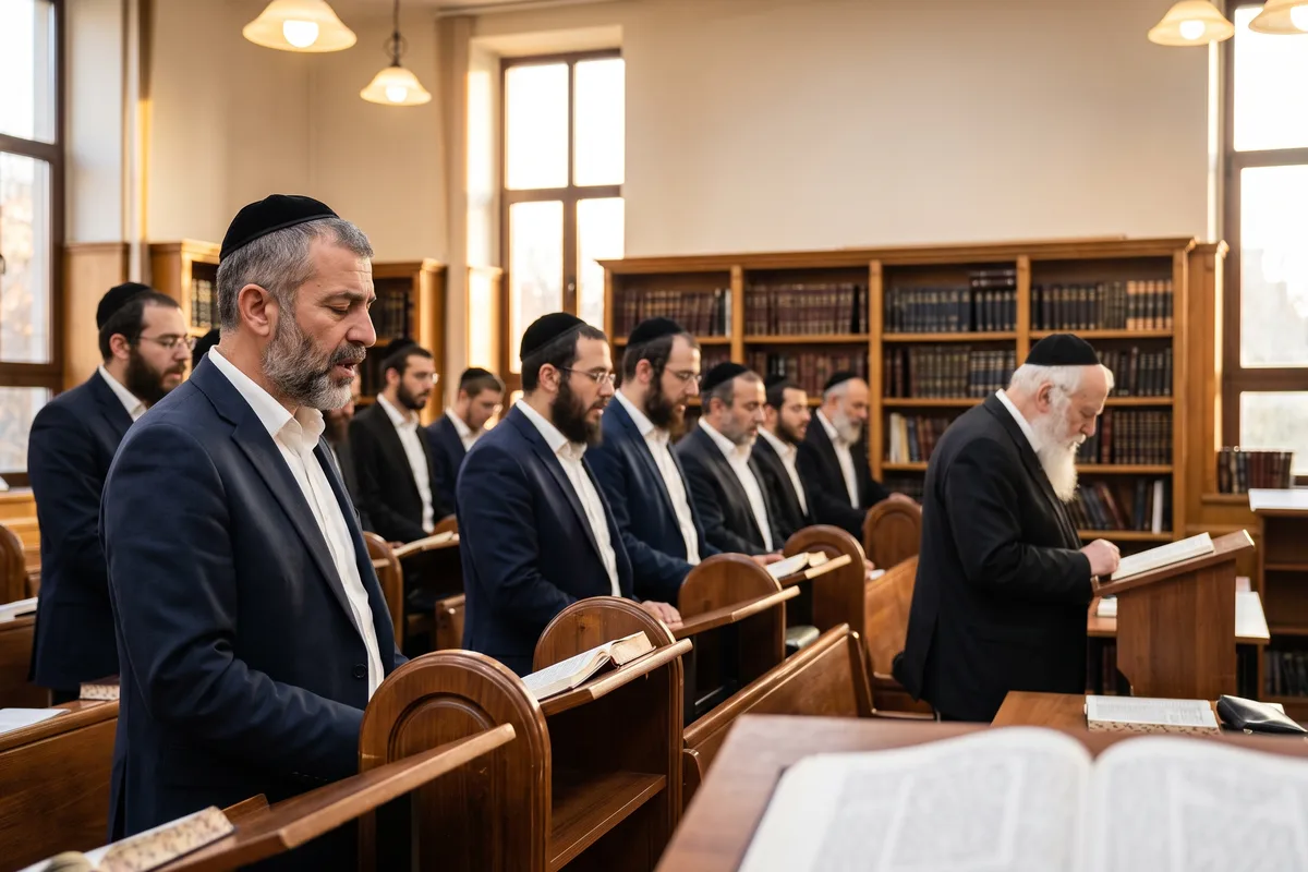 A minyan in a beis midrash answering Amen, yehei shmei rabba to the Mourner's Kaddish