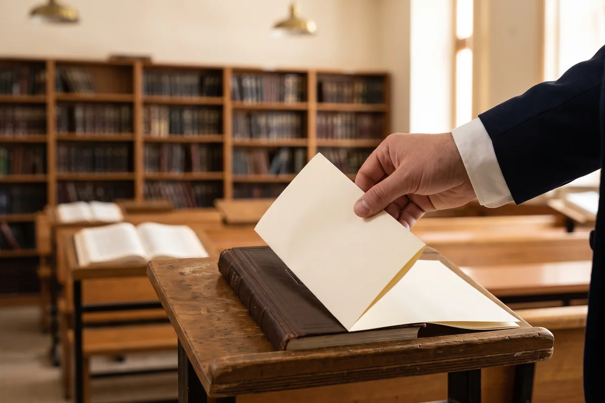 A printed Mourner's Kaddish sheet folded into a siddur on a wooden shtender, ready for shul
